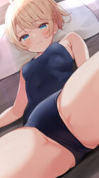 1girl ahoge blonde_hair blue_eyes blue_one-piece_swimsuit blush breasts closed_mouth commentary_request covered_erect_nipples covered_navel cowboy_shot dutch_angle embarrassed esia_mariveninne_(komone_ushio) highres komone_ushio looking_at_viewer lying on_back on_bed one-piece_swimsuit original parted_bangs partially_visible_vulva pillow ponytail raised_inner_eyebrows school_swimsuit short_hair small_breasts solo spread_legs sweatdrop swept_bangs swimsuit wavy_mouth 