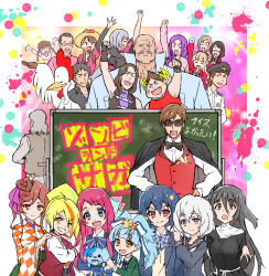  10s 6+boys 6+girls :d :o amabuki_maria animal azumatsuru_misa bald bandages black_hair blonde_hair blue_eyes blue_hair bow bowtie brown_hair chalkboard closed_eyes collar commentary_request copyright_name delinquent dog double_bun dress everyone eyes_visible_through_hair go_takeo green_jacket hair_between_eyes hair_bow hair_bun hair_ornament hair_over_one_eye hair_ribbon hand_on_own_hip holding holding_animal holding_dog hoshikawa_lily jacket jacket_on_shoulders kirishima_reiko_(zombie_land_saga) konno_junko letterman_jacket long_hair long_sleeves looking_at_viewer low_twintails minamoto_sakura mizuno_ai mother_and_daughter multicolored_hair multiple_boys multiple_girls necktie nikaidou_saki open_mouth plaid_bow polka_dot polka_dot_bow ponytail purple_hair red_eyes red_hair red_vest ribbon romero_(zombie_land_saga) sailor_dress scar scar_across_eye scar_on_face school_uniform shirt short_hair size_difference smile spiked_collar spikes squid star_(symbol) star_hair_ornament stitches streaked_hair sunglasses tatsumi_koutarou twintails vest white_shirt yamada_tae yonecchi yuugiri_(zombie_land_saga) zombie zombie_land_saga 