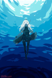  1girl black_wetsuit blonde_hair blue_eyes blush bodysuit cropped_jacket diving_suit garrison_cap hair_ornament hat highres jikkou-san_(zikko_san) kantai_collection long_hair long_sleeves machinery military_uniform ocean puffy_sleeves smile solo u-511_(kancolle) underwater water wetsuit 