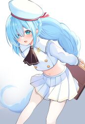  1girl absurdly_long_hair acchii_(akina) aiguillette aqua_eyes ascot asymmetrical_bangs azur_lane bag black_ascot blue_hair blush braid braided_ponytail brown_bag buttons commentary_request cowboy_shot crop_top eyes_visible_through_hair fluffy_hair gradient_background grey_background hair_over_one_eye hat hat_ribbon highres holding holding_bag janus_(azur_lane) janus_(fear_of_changing...clothes)_(azur_lane) leaning_forward long_bangs long_hair long_sidelocks long_sleeves looking_at_viewer miniskirt navel open_mouth parted_bangs pleated_skirt ponytail_with_braided_base raised_eyebrows red_ribbon ribbon shirt sidelocks skirt smile solo standing stomach very_long_hair white_background white_hat white_shirt white_skirt 