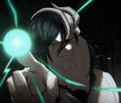  1boy black_hair bleach cleft_chin closed_mouth cosplay facial_mark family_guy fat fat_man green_eyes highres kowai_(iamkowai) male_focus peter_griffin solo ulquiorra_cifer ulquiorra_cifer_(cosplay) 
