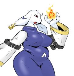  1girl adapted_costume alternate_costume animal_ear_piercing animal_ears belly blue_dress body_fur breasts claws covered_erect_nipples cowboy_shot curvy dress fang fire fireball furry furry_female goat_ears goat_girl goat_horns hand_up horns kewlbot large_breasts long_sleeves open_mouth parody plump profile pyrokinesis red_eyes redesign skin_fang style_parody toriel turtleneck turtleneck_dress undertale v-shaped_eyebrows watanabe_kenji_(style) white_fur white_sleeves wide_sleeves 