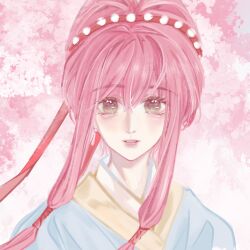  1girl aegyo_sal blue_hanfu brown_eyes cherry_blossoms chinese_clothes chinese_commentary commentary_request crossed_bangs day earrings eyelashes floating_hair hair_between_eyes hair_ribbon hair_tubes hanfu happy highres holding jewelry light_blush lipstick long_hair long_sleeves looking_at_viewer loose_hair_strand makeup mid-autumn_festival nikki_(nikki) nikki_(series) outdoors parted_lips pink_hair pink_lips qingxu red_ribbon ribbon smile solo spring_(season) studded_hairband tree upper_body very_long_hair wind 