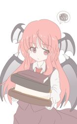  1girl :/ aruha_hrnkz bat_wings book book_stack brown_skirt brown_vest collarbone_peek collared_shirt commentary_request cowboy_shot dress_shirt eyelashes eyes_visible_through_hair head_wings highres holding holding_book koakuma long_hair long_sleeves looking_at_viewer necktie no_nose one-hour_drawing_challenge red_eyes red_hair red_necktie shirt sidelocks simple_background skirt skirt_set solo spoken_squiggle squiggle touhou vest white_background white_shirt wings 
