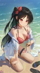  1girl bare_shoulders barefoot beach bikini black_hair black_nails blush breasts choker cleavage closed_mouth collarbone commentary day flip-flops full_body hair_ornament hair_scrunchie hayahbyeol highres holding holding_seashell kneeling large_breasts long_hair long_sleeves looking_at_viewer nail_polish off_shoulder one_side_up open_clothes original outdoors patrick_star red_bikini red_choker red_eyes sandals scrunchie seashell shell smile solo spongebob_squarepants_(series) starfish swimsuit thigh_strap toenail_polish toenails very_long_hair water 