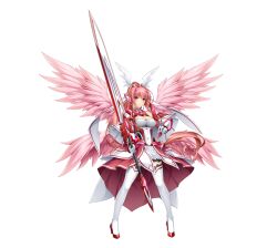  1girl angel_wings armor armored_dress bare_shoulders boots breasts celestia_paladin cleavage closed_mouth covered_navel dress elbow_gloves feathered_wings full_body game_cg gauntlets gloves head_wings headgear high_heels high_ponytail highres holding holding_sword holding_weapon huge_weapon inoino kouyoku_senki_exs-tia large_breasts long_hair looking_at_viewer medium_breasts multiple_wings non-web_source official_art overskirt pink_hair pink_wings pleated_skirt ponytail purple_eyes red_trim rieszverne_suzette_paladill skirt smile solo standing sword tachi-e thigh_boots thighhighs transparent_background variant_set very_long_hair weapon white_dress white_gloves white_thighhighs white_wings wings zettai_ryouiki 