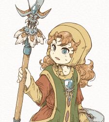  1girl 4ma4ma5ma asymmetrical_dual_wielding blue_eyes blue_gemstone bonnet coif commentary_request curly_hair dragon_quest dragon_quest_vii dress dual_wielding gem green_tabard hatching_(texture) holding holding_polearm holding_shield holding_weapon jewelry long_hair looking_at_object maribel_(dq7) necklace open_mouth orange_hair polearm red_dress shield solo spear sweatdrop tabard upper_body weapon white_background yellow_bonnet yellow_trim 