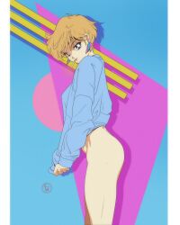  1990s_(style) 1girl absurdres blonde_hair blue_hoodie bottomless cigarette earrings fritz_willie highres hood hoodie jewelry naked_hoodie original retro_artstyle short_hair simple_background smoke solo  rating:Sensitive score:13 user:danbooru