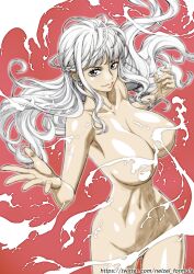  1girl aged_down amazon_warrior bare_shoulders breasts cleavage covering_privates earrings gloriosa_(one_piece) grey_eyes highres jewelry large_breasts long_hair looking_at_viewer navel nel-zel_formula nude one_piece smile solo solo_focus white_hair 