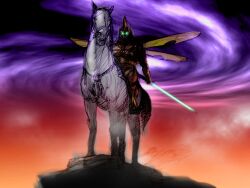  1boy fake_horns game_cg glowing glowing_eyes glowing_sword glowing_weapon helmet holding holding_sword holding_weapon horned_helmet horns horse horseback_riding insect_wings kawano_takuji mask official_art on_rock riding skull_mask solo solo_focus sword tekken tekken_4 weapon white_horse wings yoshimitsu_(namco) 