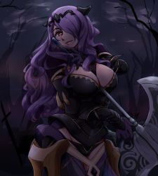  1girl armor axe bare_tree battle_axe between_breasts black_armor black_panties boots breasts camilla_(fire_emblem) cleavage cloud corset dark_sky female_focus fire_emblem fire_emblem_fates gloves groin large_breasts lips long_hair looking_at_viewer night night_sky nintendo nm222 panties purple_eyes purple_gloves purple_hair sky smile solo star_(sky) starry_sky strap thigh_boots thighhighs tiara tree underwear vambraces very_long_hair weapon  rating:Sensitive score:22 user:danbooru