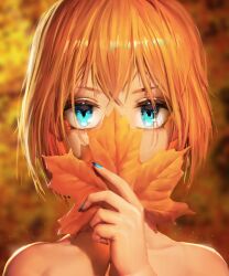  1girl absurdres aqua_eyes aqua_nails autumn autumn_leaves bare_shoulders blonde_hair blurry blurry_background collarbone commentary english_commentary highres holding holding_leaf leaf light_particles looking_at_viewer nature numanoan original outdoors portrait short_hair solo  rating:General score:1 user:danbooru