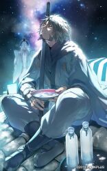  2boys ainu_clothes alcohol beard black_hair bottle brown_hair commentary_request cup facepaint facial_hair highres holding holding_sword holding_weapon layered_sleeves long_sleeves looking_up maroro_(utawarerumono) multiple_boys night official_art on_roof oshtor sakazuki sake sake_bottle sheath sheathed short_over_long_sleeves short_sleeves sky star_(sky) starry_sky sword tatami_to_hinoki ukon_(utawarerumono) utawarerumono utawarerumono:_lost_flag weapon 