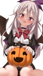  1girl :d aoi_tori_(purple_software) bat_wings black_capelet black_choker black_skirt bow bowtie buttons capelet center_frills choker commentary cross cross_choker double-breasted english_commentary eyelashes eyes_visible_through_hair fang feet_out_of_frame fingernails frilled_shirt frilled_sleeves frills grey_hair hair_between_eyes hair_bow halloween happy head_tilt high-waist_skirt highres holding holding_pumpkin huge_bow jack-o&#039;-lantern long_hair long_sleeves looking_at_viewer making-of_available mary_harker nyayuu96 open_mouth pointy_ears pumpkin purple_bow red_bow red_bowtie red_eyes shirt simple_background sitting skirt smile solo vampire very_long_hair wariza white_background white_shirt wings 