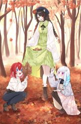  3girls 3znk :d :o absurdres acorn ange_katrina ange_katrina_(5th_costume) animal_ears animal_hair_ornament animal_print ankle_boots autumn autumn_leaves belt beret bird_print black_choker black_ribbon black_sweater blue_eyes blue_hair blue_hat blue_nails blue_pants blush boots braid breasts brown_belt brown_boots brown_dress brown_hair brown_pantyhose brown_shoes brown_tail button_dress cardigan choker clothing_cutout collared_dress commentary crossed_bangs cup_hair_ornament day denim dog_ears dog_tail dress earrings falling_leaves fang floral_print floral_print_dress flower forest frilled_shirt_collar frilled_socks frills full_body gold_earrings gold_necklace green_dress grey_cardigan hair_between_eyes hair_flower hair_ornament hair_over_shoulder hairpin hand_on_own_knee hand_up hat heterochromia highres holding holding_acorn holding_leaf holding_mask inui_toko inui_toko_(3rd_costume) jeans jewelry knees_together_feet_apart lace-up_boots layered_shirt leaf lize_helesta lize_helesta_(5th_costume) long_bangs long_dress long_hair long_sleeves looking_at_object looking_down low_twin_braids maple_leaf mask medium_breasts medium_dress medium_hair multicolored_hair multiple_girls multiple_hairpins nail_polish nature necklace nijisanji open_cardigan open_clothes open_mouth outdoors pants pantyhose pendant_choker pinecone pink_dress platform_boots puffy_long_sleeves puffy_sleeves puritan_collar purple_eyes red_eyes red_hair ribbed_sweater ribbon sanbaka_(nijisanji) shirt shirt_tucked_in shoes shoulder_cutout side_braid single_hair_intake skirt_basket skirt_hold small_breasts smile socks squatting standing streaked_hair sweater symbol-only_commentary tail tail_under_clothes tree triangle_earrings turtleneck turtleneck_sweater twin_braids two-tone_dress two-tone_hair very_long_hair virtual_youtuber watch white_cardigan white_hair white_shirt white_socks wristwatch yellow_eyes 