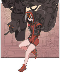  1girl amputee artificial_eye bigmsaxon breasts cropped_jacket cyberpunk_(series) cyborg double_amputee highres hood hood_up leotard maelstrom_(cyberpunk) mechanical_eye medium_breasts shoes short_sleeves smile sneakers solo white_hair 