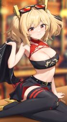  1girl absurdres aviary belt black_belt black_skirt black_thighhighs blonde_hair blurry blurry_background breasts burnice_white cleavage commentary english_commentary eyewear_on_head highres holding holding_jacket holding_unworn_clothes jacket large_breasts midriff miniskirt navel red-framed_eyewear red_eyes sitting skirt solo source_mismatch stomach strapless sunglasses thighhighs tube_top two_side_up unworn_jacket yokozuwari zenless_zone_zero 