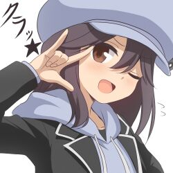 1girl ;d \m/ arm_up black_hair black_jacket blazer blush brown_eyes collarbone commentary_request curakuru curakuru_(character) grey_hat grey_hoodie hair_between_eyes hat hood hoodie jacket looking_at_viewer macross macross_frontier one_eye_closed open_clothes open_jacket open_mouth original seikan_hikou sidelocks simple_background smile solo split_mouth translation_request upper_body white_background