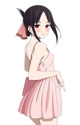  1girl absurdres alternate_costume bag black_hair blush casual coro_fae cowboy_shot dress folded_ponytail grin handbag highres kaguya-sama_wa_kokurasetai_~tensai-tachi_no_renai_zunousen~ looking_at_viewer looking_back pink_dress red_eyes shinomiya_kaguya short_dress sidelocks simple_background smile solo spaghetti_strap white_background  rating:Sensitive score:105 user:danbooru