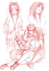 1boy 2girls breasts breasts_out chiba_toshirou flat_chest genderswap genderswap_(mtf) haku_(naruto) monochrome multiple_girls naruto_(classic) naruto_(series) nipples sarutobi_asuma sketch smile topless_female yuuhi_kurenai rating:Questionable score:39 user:Shloogorgh