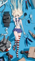  1girl absurdres anchor_hair_ornament black_hairband black_neckerchief black_panties blonde_hair blue_sailor_collar blue_skirt boots box cardboard_box cellphone commentary_request crop_top elbow_gloves extension_cord full_body gloves grey_eyes hair_ornament hair_spread_out hairband highleg highleg_panties highres kantai_collection legwear_partially_removed long_hair lying machinery microskirt miniskirt missile model_ship neckerchief panties phone pleated_skirt reaching reaching_towards_viewer rensouhou-chan rudder_footwear sailor_collar saitama_(antitankromeo) shimakaze_(kancolle) shirt skirt sleeveless sleeveless_shirt smartphone solo striped_clothes striped_thighhighs thighhighs underwear undone_neckerchief unworn_boots unworn_hairband very_long_hair white_gloves  rating:Sensitive score:16 user:danbooru