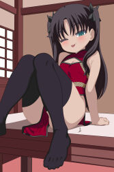  1girl :p aged_down alternate_costume bare_shoulders black_dress black_hair black_thighhighs blush china_dress chinese_clothes cleavage_cutout closed_mouth clothing_cutout dot_nose dress eyebrows eyelashes fate/stay_night fate_(series) female_focus flat_chest foot_out_of_frame green_eyes half-closed_eye hikari_(takohoshino) indoors knees_together_feet_apart loli long_hair looking_at_viewer naughty_face one_eye_closed pelvic_curtain red_dress sitting sleeveless sleeveless_dress smile smug solo thighhighs tohsaka_rin tongue tongue_out two-tone_dress two_side_up 