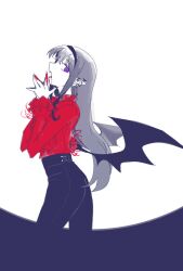  1girl akemi_homura bat_wings black_hair black_pants blood blood_on_hands bluecloud ear_piercing fang feet_out_of_frame frilled_shirt frills from_side hands_up high-waist_pants highres long_hair looking_at_viewer looking_to_the_side mahou_shoujo_madoka_magica open_mouth own_hands_together pants piercing pointy_ears purple_eyes red_shirt shirt simple_background solo standing tight_clothes tight_pants vampire white_background wings 