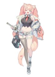  1girl ;d absurdres animal_ears bag bare_shoulders belt black_bag blue_eyes blush braid breasts coat collared_shirt commentary cropped_vest fake_animal_ears fang fishnet_thighhighs fishnets full_body hair_ornament hairclip heart_belt_buckle highres holding holding_bag holding_sword holding_weapon ina_seo katana large_breasts long_hair looking_at_viewer navel nintendo_switch off_shoulder one_eye_closed open_mouth original paw_hair_ornament pink_hair shirt shoes short_shorts shorts single_thighhigh sleeveless sleeveless_shirt smile sneakers solo speech_bubble_hair_ornament standing sword thigh_strap thighhighs vest weapon white_background wide_hips 
