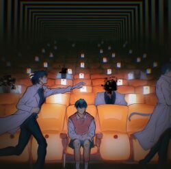  1girl 2boys :/ atmospheric_perspective bandaid bandaid_on_face bandaid_on_knee bandaid_on_leg black_hair black_shirt blurry brown_vest censored censored_identity chromatic_aberration clone coat collared_shirt depth_of_field distortion faceless hair_over_eyes hand_on_own_stomach highres lee_sookyung macaronijail multiple_boys oldest_dream omniscient_reader&#039;s_viewpoint reaching reaching_towards_another running shirt socks theater_seating too_many_clones vest white_coat white_shirt white_socks x 