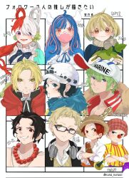  3girls 6+boys absurdres aged_down ahoge black_hair blonde_hair blue_cape buggy_the_clown cape commentary_request copyright_name crossed_arms dr._stone earrings edward_elric followers_favorite_challenge fullmetal_alchemist genderswap genderswap_(mtf) glasses green_hair haikyuu!! hair_between_eyes hair_over_one_eye hat headphones headphones_around_neck highres horns jewelry law-chan mask mouth_mask multiple_boys multiple_drawing_challenge multiple_girls necklace one_piece one_piece_film:_red pearl_necklace portgas_d._ace prince_grus red_hair red_nose shanks_(one_piece) short_hair sidelocks straw_hat suika_(dr.stone) trafalgar_law tsukishima_kei u_mi031 ulti_(one_piece) uta_(one_piece) white_hair 