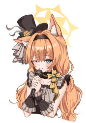  1girl animal_ear_fluff animal_ears blue_archive blue_eyes blush_stickers cat_ears choker commentary_request dress fall_(5754478) frills hat headband highres holding holding_microphone idol long_hair mari_(blue_archive) mari_(idol)_(blue_archive) microphone mini_hat one_eye_closed orange_hair simple_background smile solo upper_body white_background wrist_cuffs 