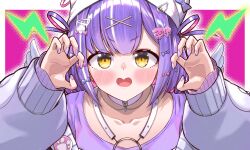  1girl blush border bow chest_harness hair_bow hair_ornament hairclip harness hat highres jewelry long_sleeves looking_at_viewer necklace ooike_teru open_mouth outside_border purple_hair purple_shirt shinomiya_runa shinomiya_runa_(4th_costume) shirt solo t-shirt virtual_youtuber vspo! white_border white_hat white_wings wings x_hair_ornament yellow_eyes 