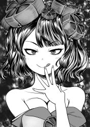  1girl artist_name bare_shoulders blush breasts cleavage commentary fate/grand_order fate_(series) flower greyscale hair_flower hair_ornament highres katsushika_hokusai_(fate) katsushika_hokusai_(second_ascension)_(fate) large_breasts looking_at_viewer monochrome seductive_smile shinsaku_(stan-art) short_hair smile solo tongue tongue_out twitter_username 