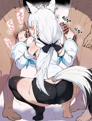  1girl 2boys animal_ears bar_censor black_thighhighs censored fellatio fox_ears fox_girl fox_tail from_behind group_sex handjob highres hololive mmf_threesome motion_lines multiple_boys oral penis sakanaya_(sakanaya952) shirakami_fubuki shirakami_fubuki_(1st_costume) single_thighhigh squatting tail thighhighs threesome virtual_youtuber 
