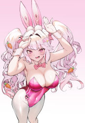  1girl :d alice_(nikke) alice_(wonderland_bunny)_(nikke) animal_ears arms_up bare_shoulders blush bow bowtie breasts carrot_hair_ornament cleavage collarbone covered_navel detached_collar fake_animal_ears fake_tail food-themed_hair_ornament from_above fujitwo goddess_of_victory:_nikke hair_between_eyes hair_intakes hair_ornament highres large_breasts leotard long_hair olo open_mouth pantyhose pink_bow pink_bowtie pink_eyes pink_hair pink_leotard playboy_bunny rabbit_ears rabbit_pose rabbit_tail sidelocks smile strapless strapless_leotard tail twintails white_pantyhose  rating:Sensitive score:32 user:Leksa