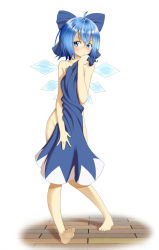 &gt;:( 1girl barefoot blue_eyes blue_hair blush bow cirno covering_breasts covering_chest covering_crotch covering_privates dress female_focus frown full_body hair_bow highres kiirokuma looking_at_viewer matching_hair/eyes nude nude_cover short_hair simple_background solo tareme touhou unworn_dress v-shaped_eyebrows white_background wings rating:Questionable score:43 user:danbooru