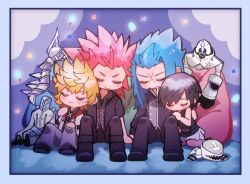  1girl 3boys assassin_(kingdom_hearts) belt berserker_(kingdom_hearts) black_belt black_boots black_hair black_jacket black_pants black_shoes black_vest blonde_hair blue_border blue_hair blush_stickers boots border brown_shirt character_doll chibi chibi_only closed_eyes commentary cross_scar doll dusk_(kingdom_hearts) full_body grey_pants hair_intakes hair_slicked_back hand_on_another&#039;s_back hand_on_another&#039;s_leg hand_on_another&#039;s_shoulder hand_on_own_knee height_difference highres ice_cream_bar indoors jacket kingdom_hearts kingdom_hearts_iii kneeling lea_(kingdom_hearts) long_hair multiple_boys night nobody_(kingdom_hearts) open_clothes open_jacket pants parted_bangs pillow red_hair roxas saix samurai_(kingdom_hearts) scar scar_on_face shirt shoes short_hair short_sleeves sitting skirt smile socks spiked_hair squidkid528 star_(symbol) symbol-only_commentary vest white_jacket white_skirt white_socks xion_(kingdom_hearts) 