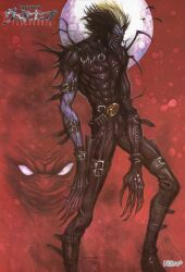  1boy absurdres belt claws full_moon gimp_suit highres monster_boy moon multiple_belts nitroplus non-web_source stitches vampirdzhija_vjedogonia veins vjedogonia zipper 