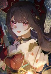  1girl absurdres bare_shoulders bell black_choker black_hair black_sash breasts choker commentary_request detached_sleeves dress facial_mark fireworks highres honkai:_star_rail honkai_(series) japanese_clothes jingle_bell large_breasts long_hair looking_at_viewer mikan_(90926728) nail_polish neck_bell obi open_mouth pink_eyes red_dress red_nails sash solo sparkle_(honkai:_star_rail) sparkler twintails 
