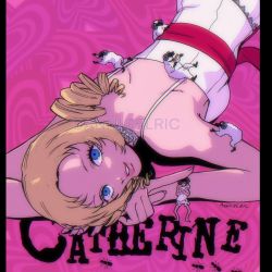  1girl 5boys animal_costume annicelric bare_arms blonde_hair blue_eyes breasts catherine_(atlus_character) catherine_(game) character_name dress drill_hair fingernails full_body giant giantess highres horns itomugi-kun lingerie looking_at_viewer lying medium_breasts medium_hair multiple_boys negligee on_stomach parted_bangs parted_lips pink_background sheep_costume sheep_horns size_difference smile spaghetti_strap underwear upper_body vincent_brooks white_dress 