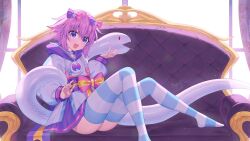  1girl 2025 artist_name binato_lulu chair chinese_new_year chinese_zodiac choker colored_skin d-pad hair_ornament indoors jacket neptune_(neptunia) neptune_(series) no_shoes open_mouth purple_eyes purple_hair red_eyes short_hair snake socks striped_clothes striped_legwear striped_socks white_skin year_of_the_snake 