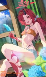  1girl bangs_pinned_back bikini blue_archive blush colored_skin denim denim_shorts dragon_girl dragon_tail food hairband highres holding holding_food holding_popsicle horns looking_at_viewer multicolored_skin official_alternate_costume official_alternate_hairstyle open_mouth orange_hairband popsicle red_eyes red_hair red_skin renge_(blue_archive) renge_(swimsuit)_(blue_archive) sakatsuki_yakumo short_shorts shorts single_horn solo swimsuit tail teeth upper_teeth_only yellow_bikini 