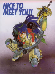 1990s_(style) 1girl angel_(angel_cop) angel_cop bandaid cyborg female_focus full_body gradient_background gun official_art retro_artstyle solo weapon 