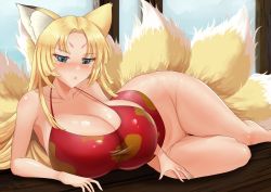 1girl absurdres animal_ears bare_shoulders blonde_hair blue_eyes blush bottomless breasts cleavage collarbone curvy embarrassed fox_ears fox_girl fox_tail highres huge_breasts long_hair lying mokachu multiple_tails no_pussy on_floor on_side shoulderless shoulderless_shirt solo tail thighs wide_hips  rating:Sensitive score:34 user:Xander
