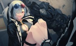  1girl :d animal_ears arknights black_dress black_hair breasts china_dress chinese_clothes cleavage cleavage_cutout clothing_cutout dress dutch_angle eyewear_on_head fang feater_(arknights) female_focus glasses hair_over_one_eye highres indoors jacket knees_up large_breasts looking_at_viewer multicolored_hair open_clothes open_jacket open_mouth orange_eyes panda_ears round_eyewear shoes sitting smile smirk solo streaked_hair tongue two-tone_hair white_hair yamada_maya_(yamdmay)  rating:Sensitive score:2 user:BRANLIX2000