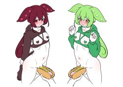  2boys ankomon arms_behind_back blush bottomless brown_hoodie closed_mouth clothing_cutout cowboy_shot cum eyebrows_hidden_by_hair food_on_body food_on_penis genderswap genderswap_(ftm) green_hair green_hoodie hair_between_eyes hands_up heart_pasties highres hood hoodie hot_dog hot_dog_bun long_hair long_sleeves male_focus multiple_boys navel nude open_mouth partially_colored pasties penis penis_hot_dog red_eyes red_hair shriohalfarm sidelocks standing testicles trap uncensored v-shaped_eyebrows voicevox white_background yellow_eyes zundamon 