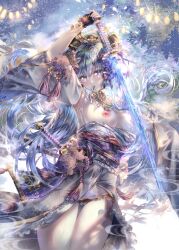  1girl armpits ayaka_(genshin_impact) black_gloves black_panties blue_eyes blue_hair breasts cameltoe commentary_request detached_sleeves fingerless_gloves genshin_impact gloves hair_between_eyes hair_ribbon highres holding holding_sword holding_weapon japanese_clothes katana kimono kimono_pull large_breasts long_hair looking_at_viewer miyu_(miyulein) mouth_hold multiple_swords naked_kimono night night_sky nipples no_bra no_panties obi panties ponytail pubic_tattoo ribbon ribbon_in_mouth sash short_kimono single_glove sky solo sword tattoo thighs tress_ribbon underwear weapon wide_sleeves 