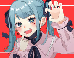  1girl adjusting_clothes black_nails blue_eyes blue_hair blush ear_piercing fangs fingernails hatsune_miku jirai_kei kyuusuiki long_hair mask mouth_mask open_mouth piercing sharp_fingernails smile twintails vampire vampire_(vocaloid) vocaloid 