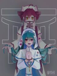  2girls @_@ absurdres ahoge aqua_hair bound bound_wrists commentary drill_hair drooling grey_background hair_between_eyes hair_ornament hatsune_miku heart heart-shaped_pupils highres holding_another&#039;s_hair interlocked_fingers kasane_teto letter_hair_ornament long_hair looking_at_viewer mouth_veil multiple_girls own_hands_clasped own_hands_together purple_eyes red_hair short_hair sidelocks straight-on symbol-shaped_pupils t-shi_no_hanashi_wo_shinjiru_na_(vocaloid) twin_drills twitter_username utau veil vocaloid white_veil yellow_eyes yihi 