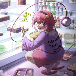  1girl black_hairband blue_shirt collared_shirt commentary_request donut food frilled_skirt frilled_sleeves frills full_body hairband highres kneeling komeiji_satori long_sleeves looking_at_viewer open_mouth pink_eyes pink_hair pink_skirt red_slippers refrigerator shiroi_karasu shirt skirt slippers socks solo surprised teeth touhou upper_teeth_only white_socks wide_sleeves 
